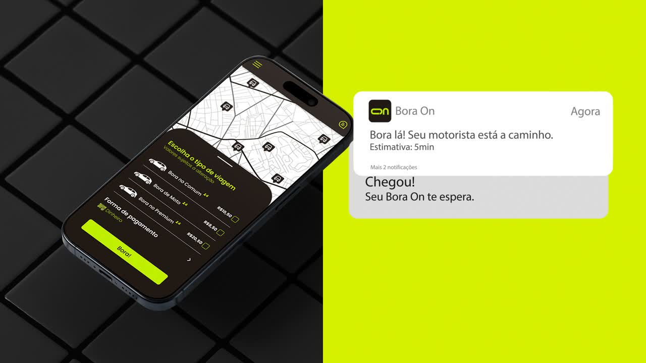 Prévia do app BoraOn com corrida e notificação